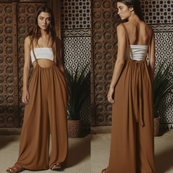 Zenana Outfitters Pants - Zenana premium woven tieback suspender jumpsuit pockets wide leg s-m-l